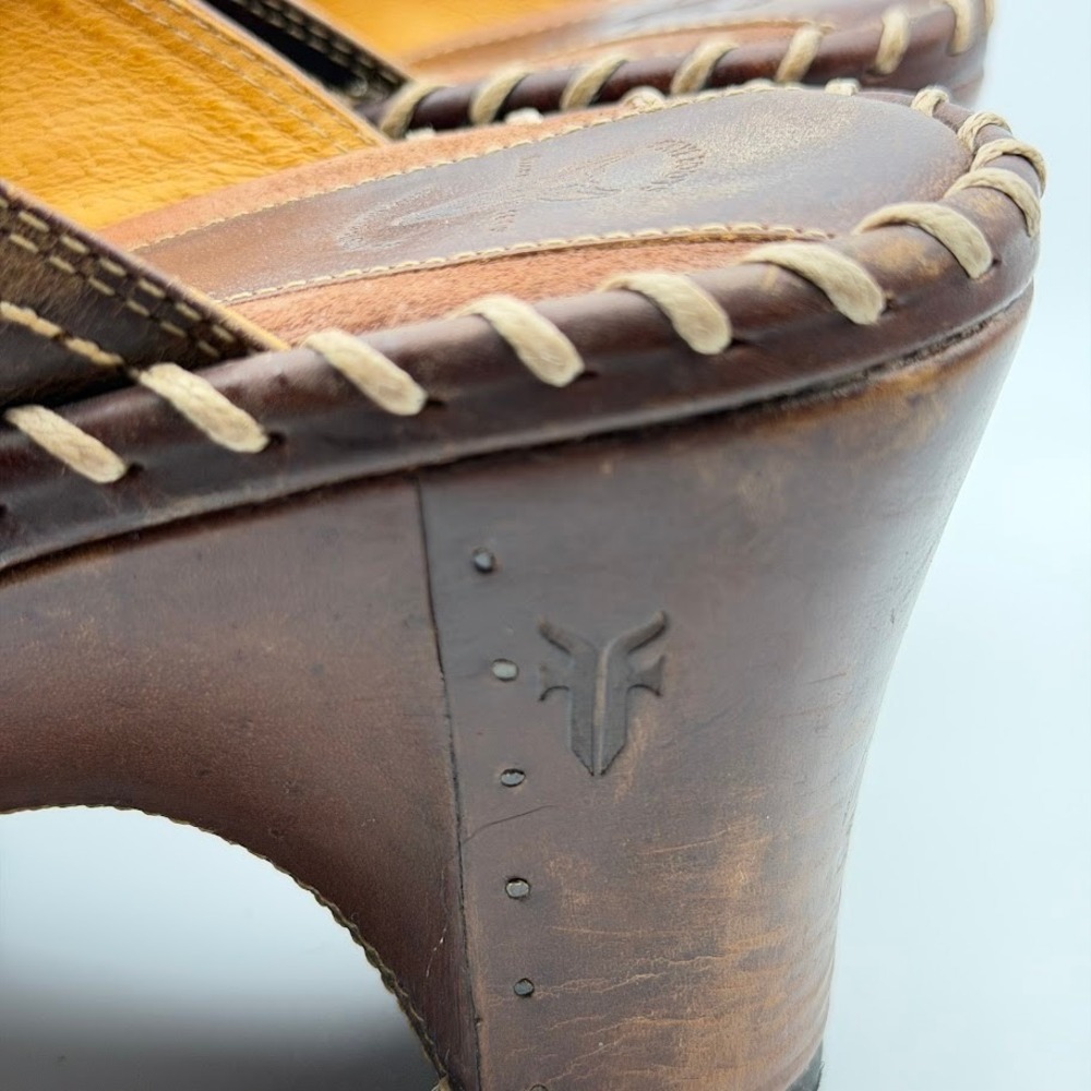 Frye Charlotte Ring Harness Clogs Womens Sz 10 Brown Leather Slip On Whip Stitch - Picture 8 of 12